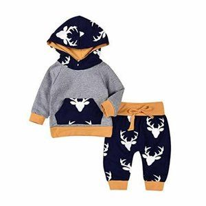 2PCs Baby Deer Print Hoodies with Pocket Top +  Long Pants Autumn Outfit 6-12 mo